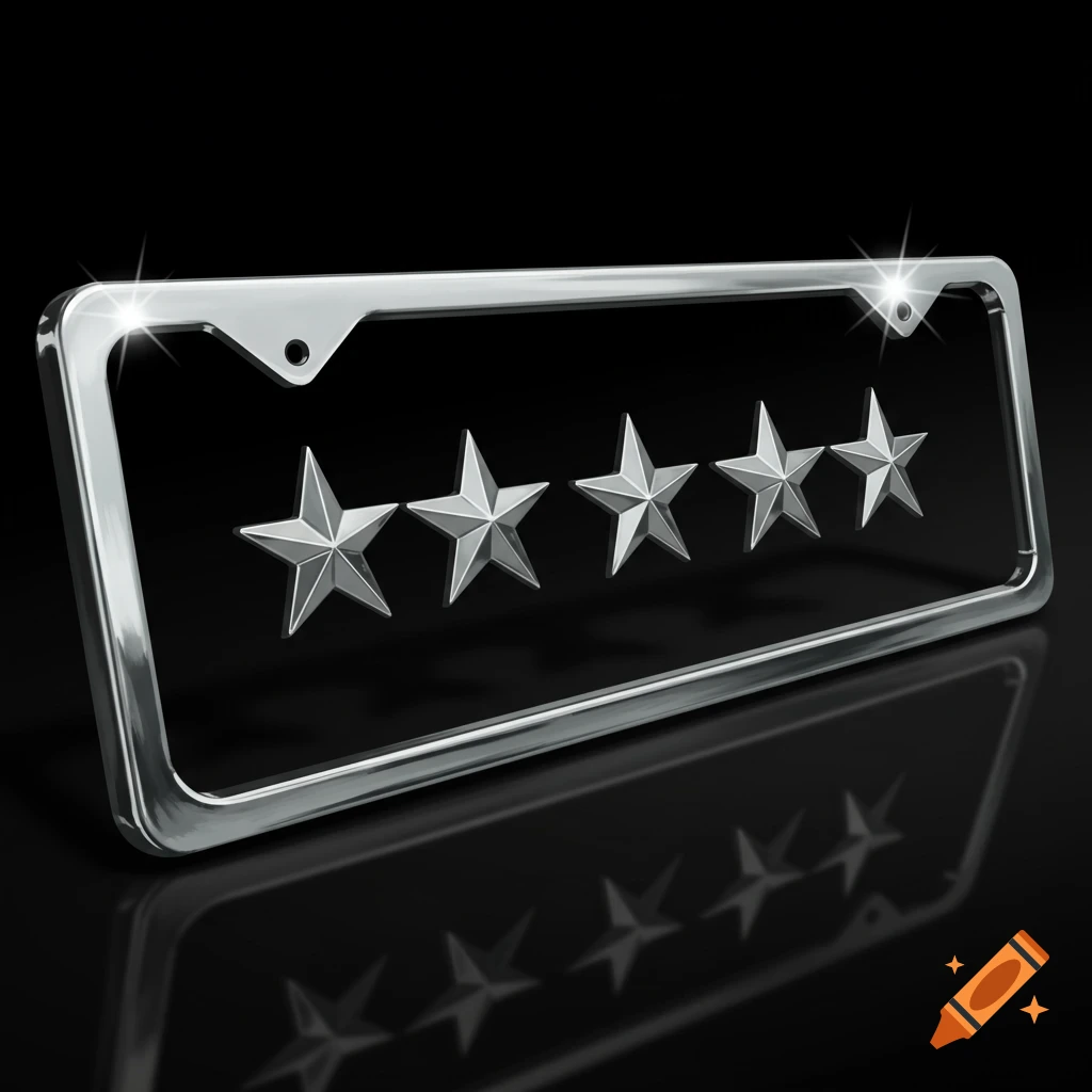 A chrome license plate frame with five shiny silver stars on a black background with a reflection.