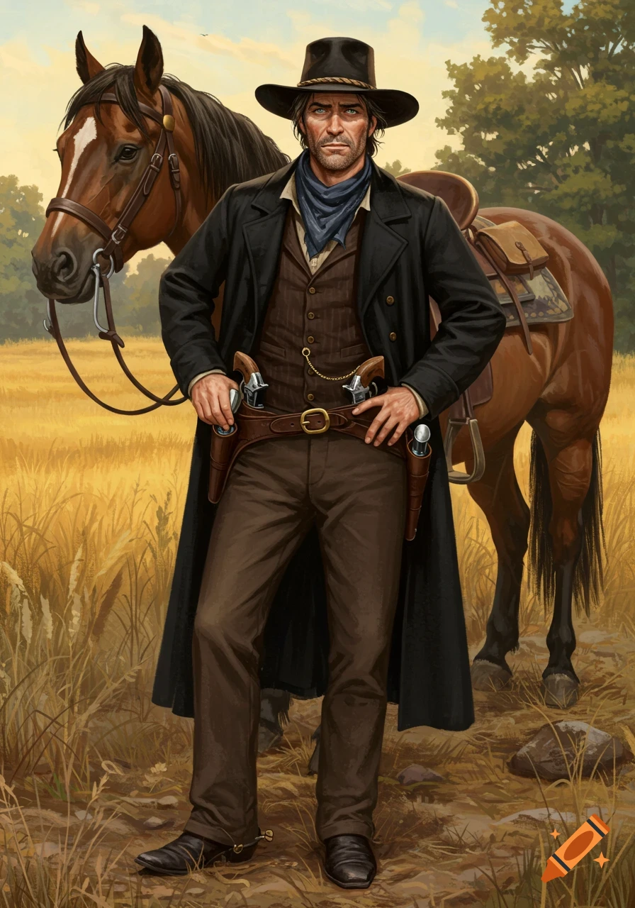 A rugged cowboy in a black coat and hat stands confidently next to a bay horse in a sunny, grassy field.