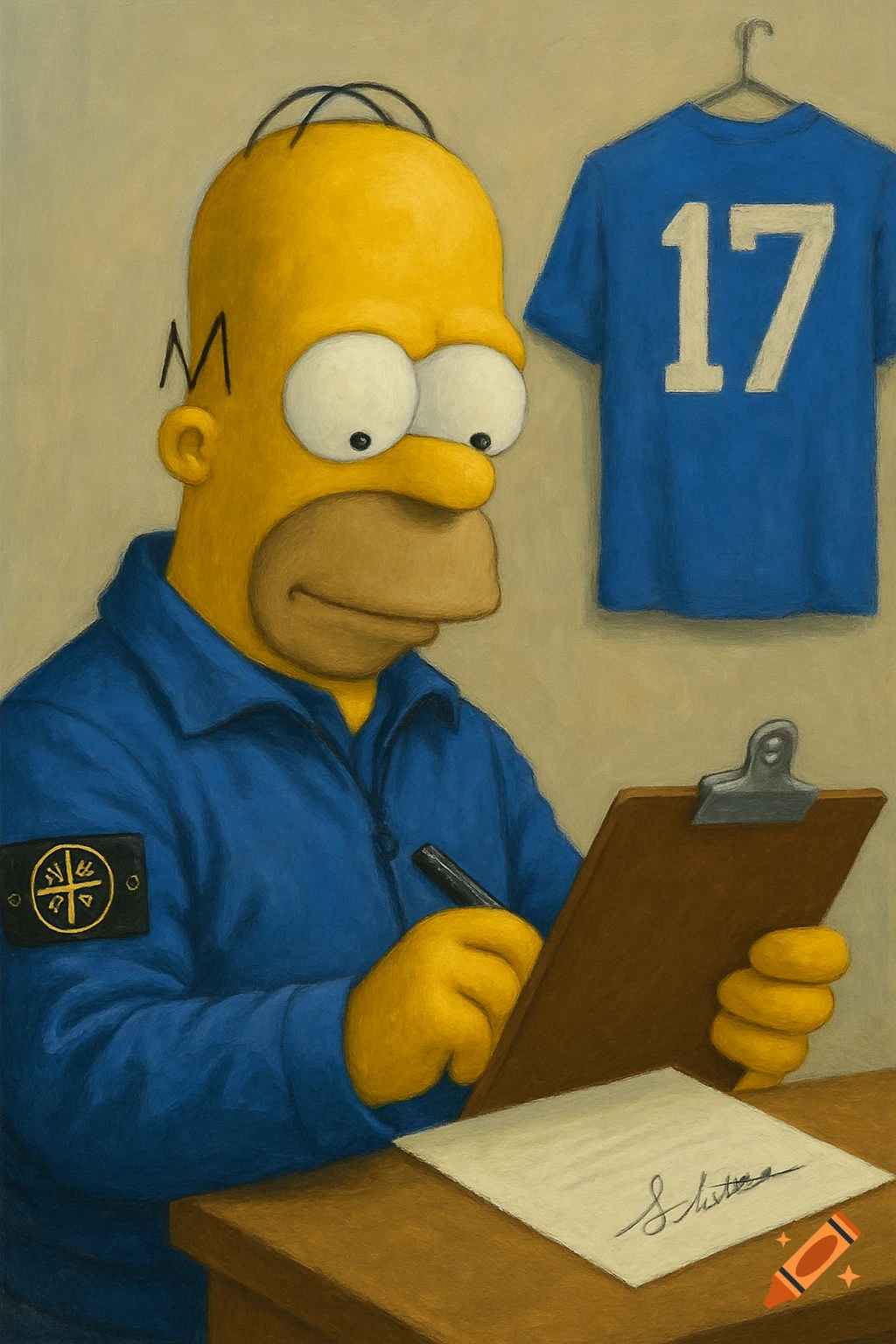Homer Simpson in a blue shirt with a Stone Island patch, holding a clipboard and signing a paper. A blue soccer jersey with the number 17 hangs in the background. Painted style.