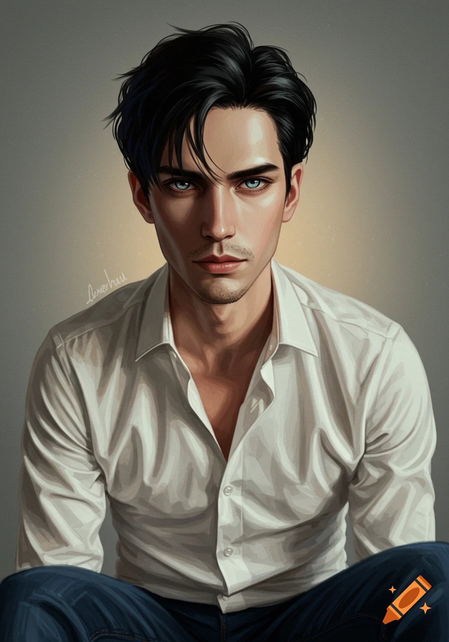Digital painting of a slender man with black hair and striking ice blue eyes, wearing a white shirt and blue jeans, looking forward.