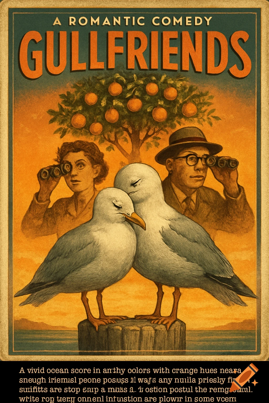Vintage movie poster for 'Gullfriends' featuring two seagulls in front of an orange tree and two researchers looking through binoculars in the background.