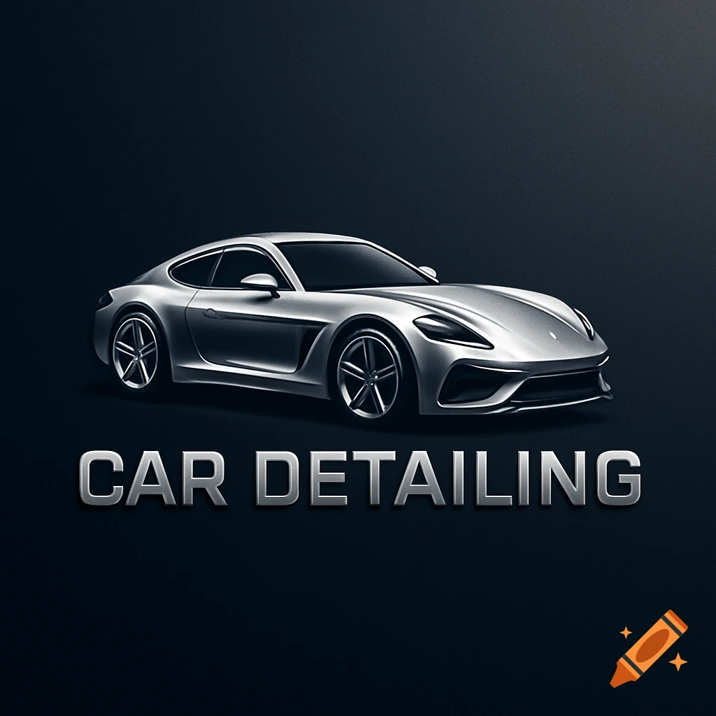 Sleek silver sports car logo with 'CAR DETAILING' text on a dark background.