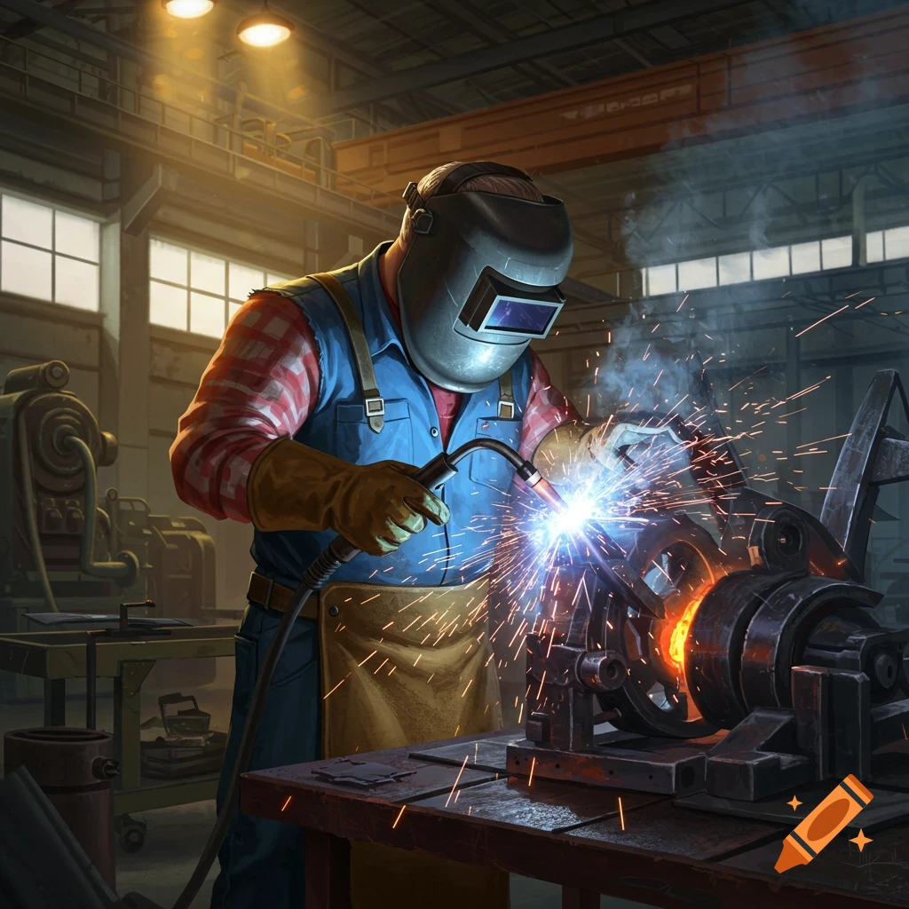A welder in protective gear and overalls works in a factory, sparks flying from the metal.