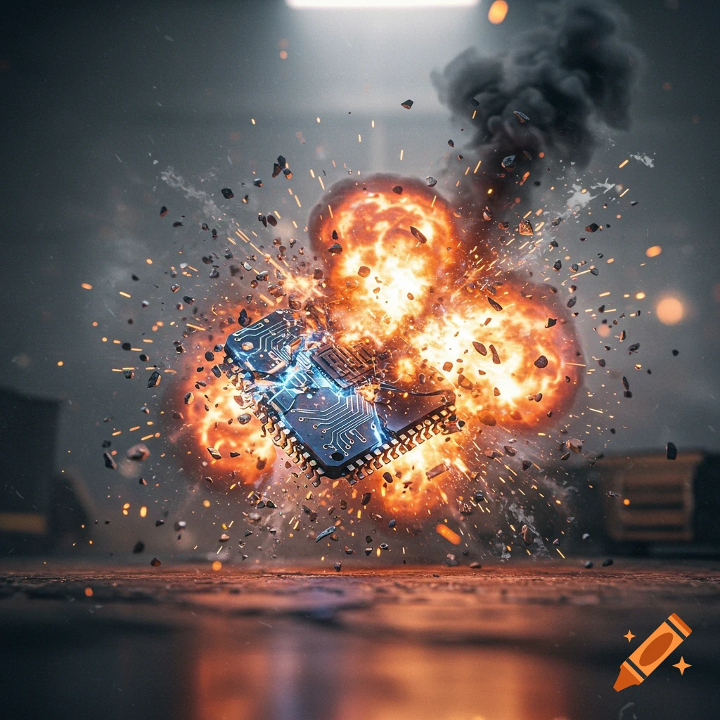 A photorealistic microchip exploding with orange flames, smoke, and debris in a dark, indoor setting.