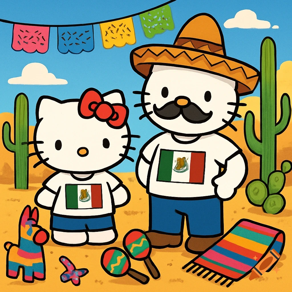 Cartoon Hello Kitty and her dad in a desert, both wearing Mexican flag shirts, with a sombrero, piñata, and maracas.