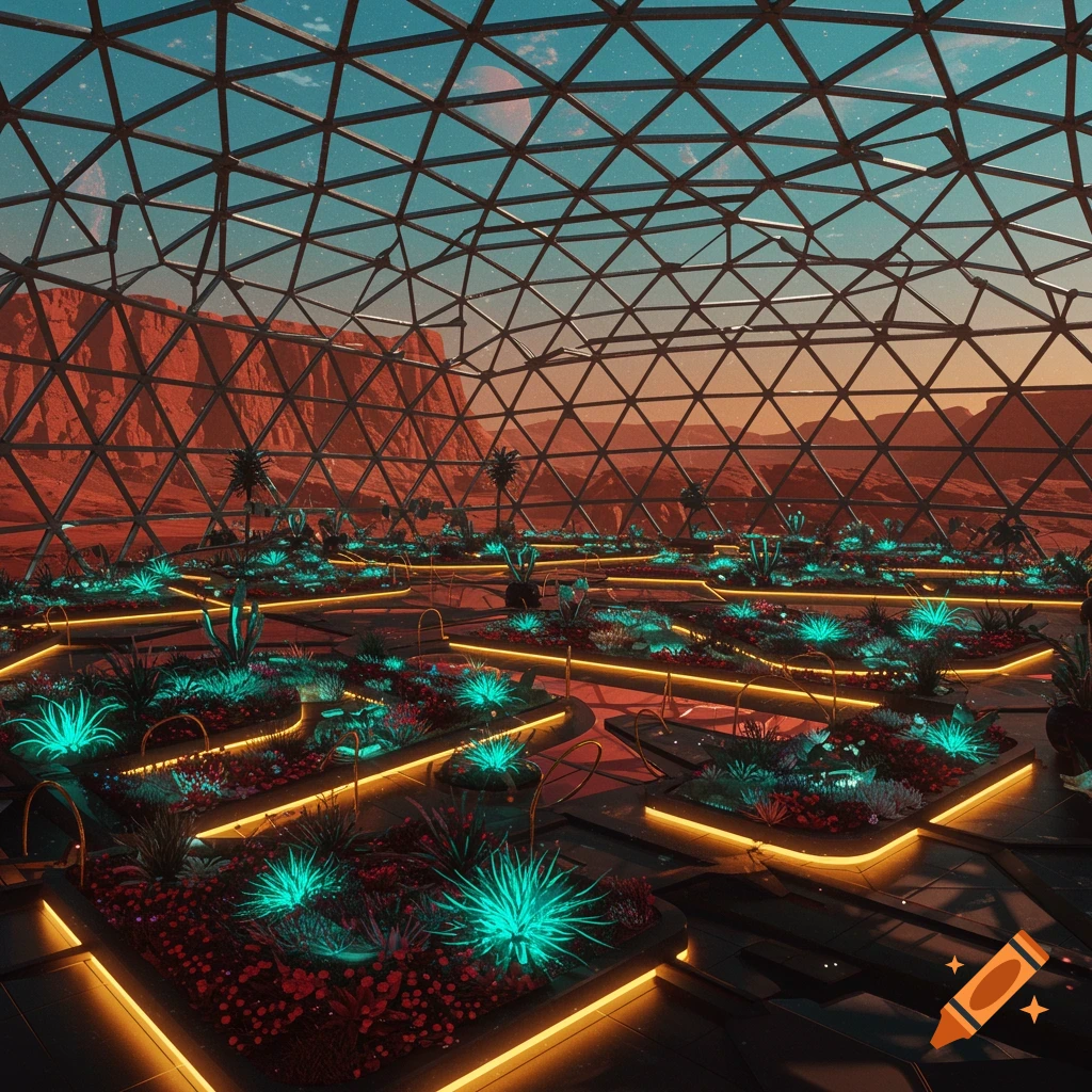 A futuristic geodesic dome greenhouse on Mars, filled with glowing turquoise and red plants in illuminated beds.