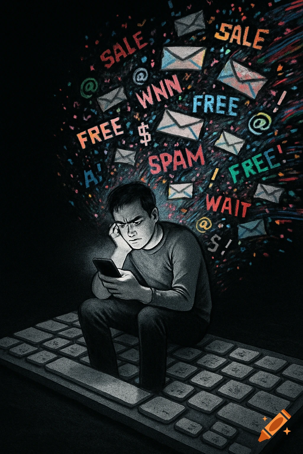 An illustration of a man sitting on a giant keyboard, looking at his phone while spam emails and words like 'SALE' and 'FREE' erupt from it.