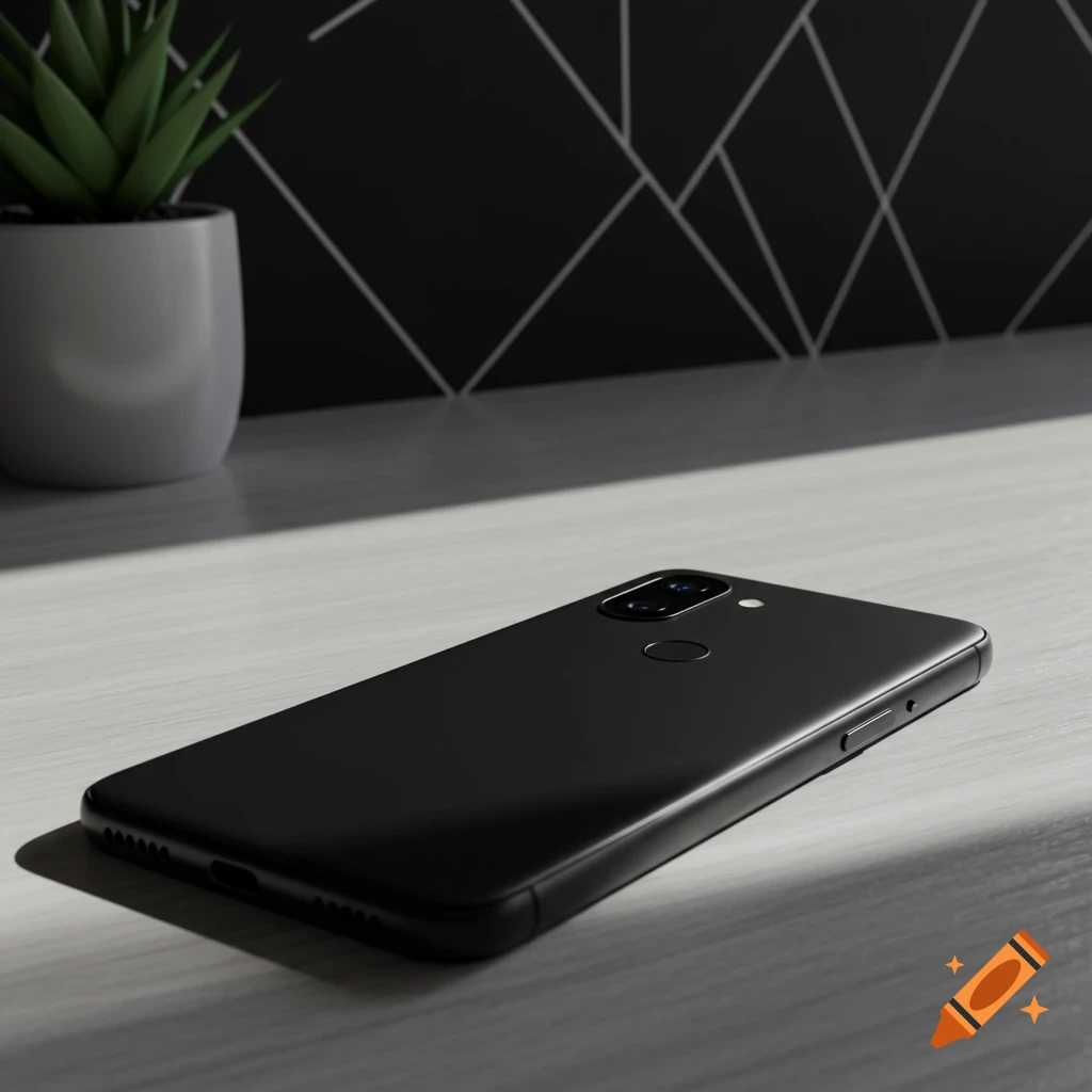 A black smartphone with multiple cameras lies on a light wooden table, casting a shadow. A green potted plant and a black geometric wall are in the background.