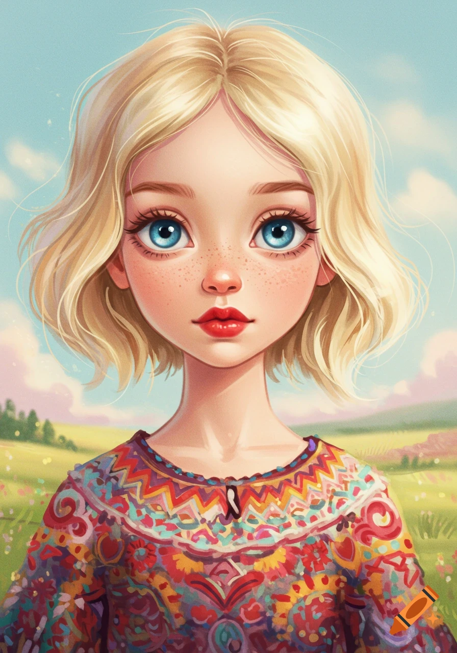 A stylized illustration of a blonde girl with blue eyes and freckles wearing a colorful patterned shirt in a field.