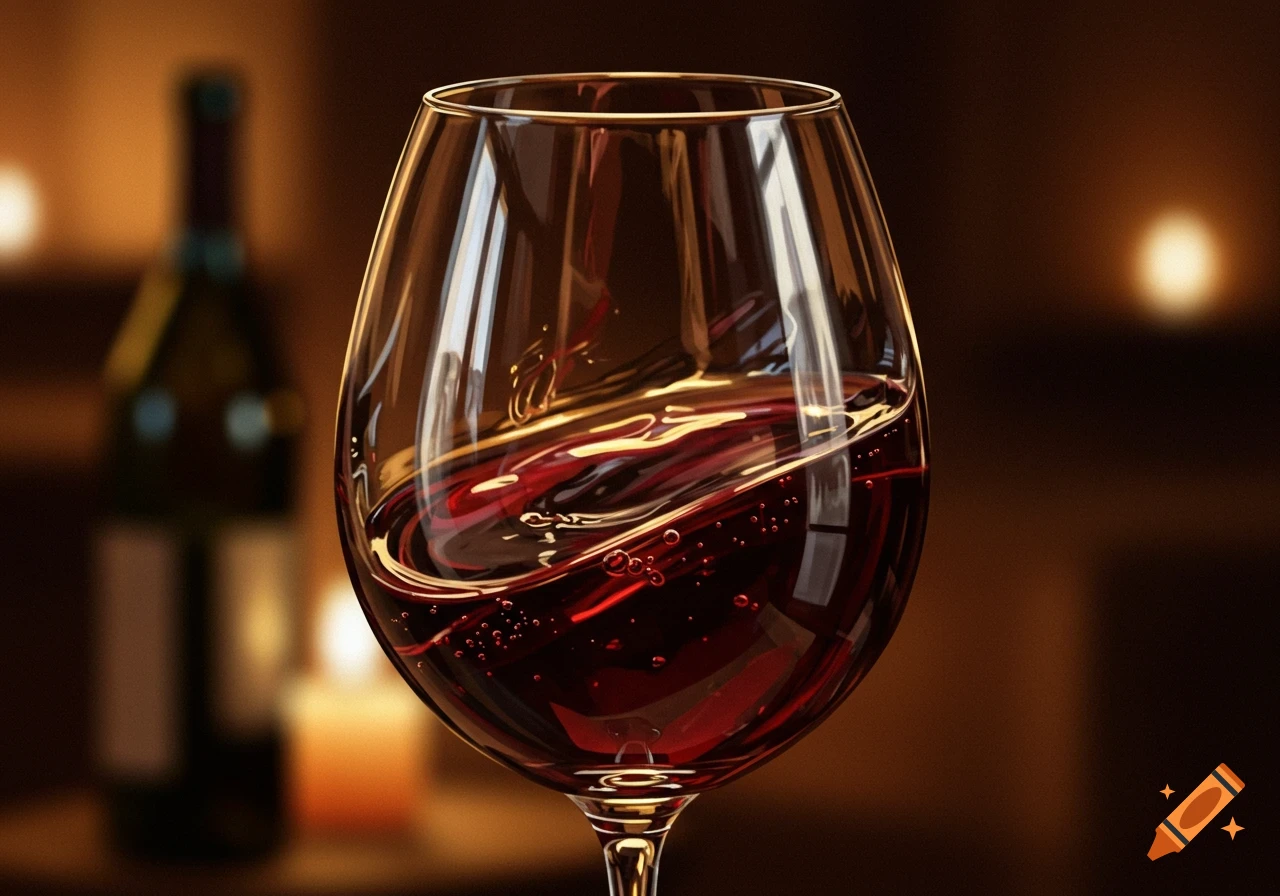 Close-up, photorealistic shot of a glass of red wine with a blurry bottle and candle in the background.