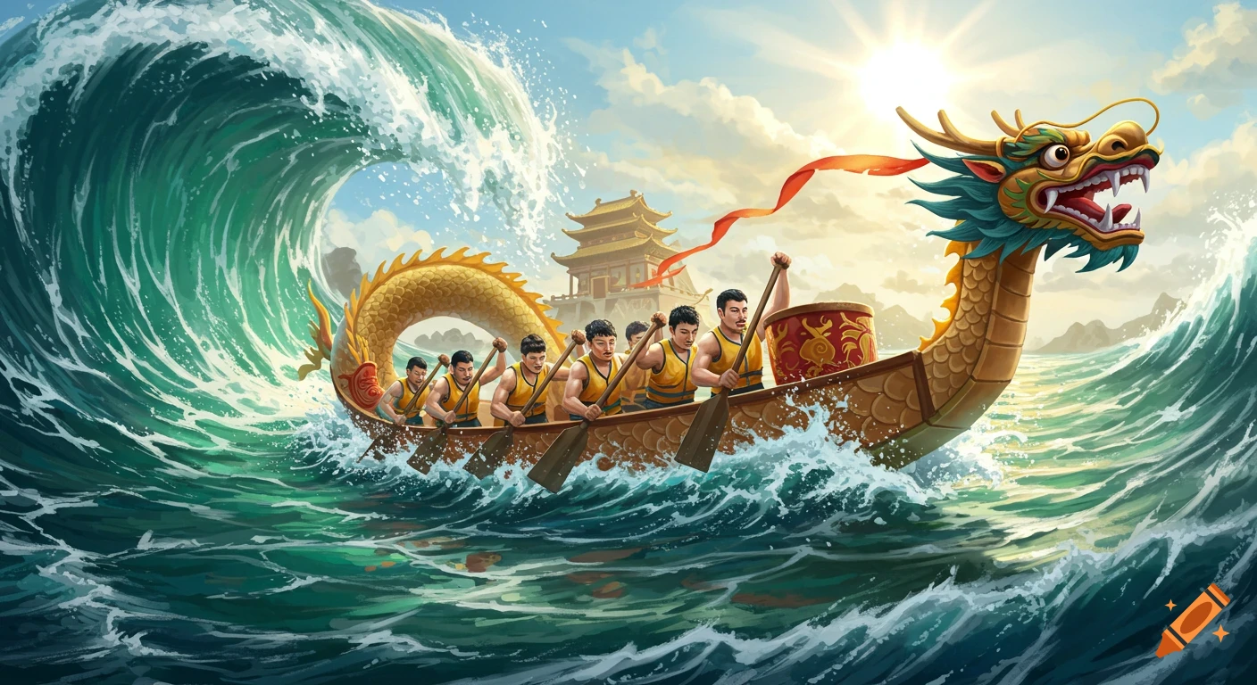 A vibrant illustration of a Chinese dragon boat team paddling through large waves with a temple in the background.