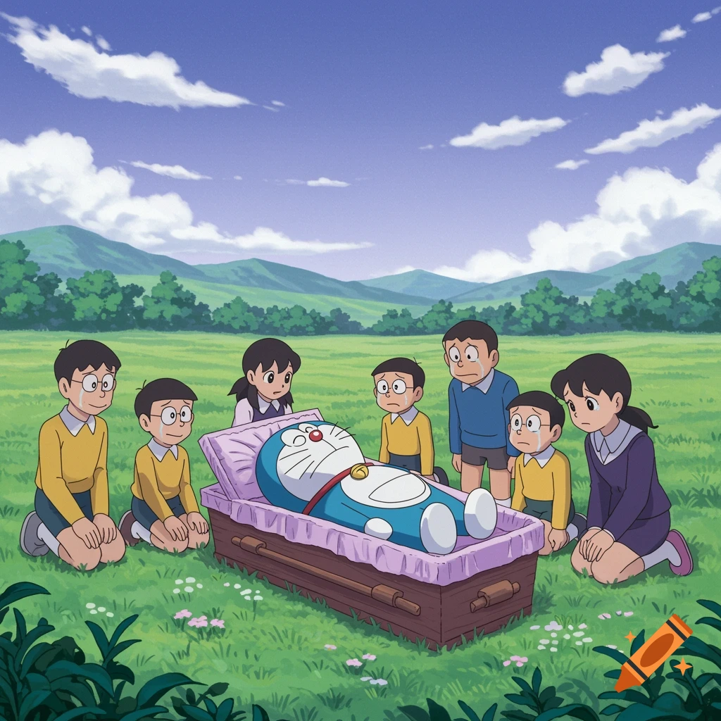 An anime scene depicts Doraemon in an open coffin, surrounded by five crying human characters in a green, grassy field under a blue sky.