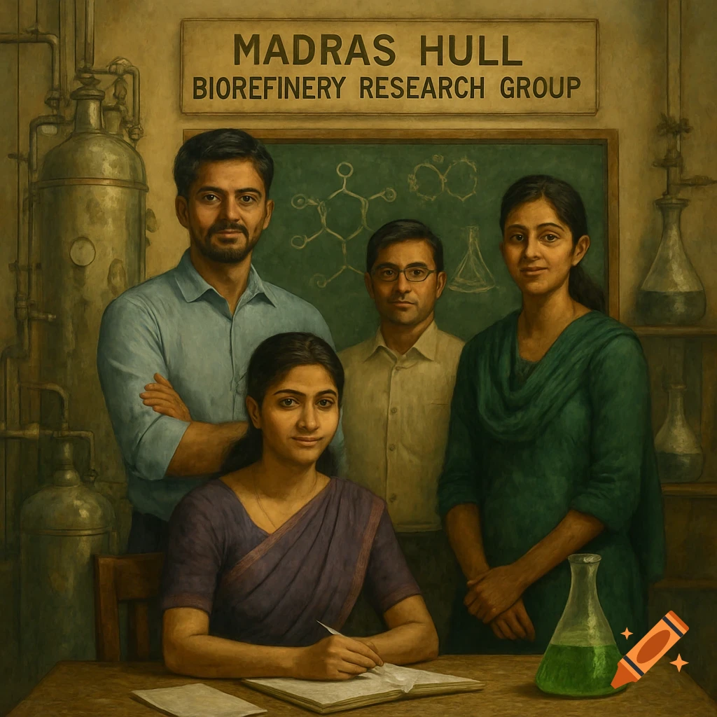 A group portrait of four researchers, three men and one woman, in a lab with a sign reading 'MADRAS HULL BIOREFINERY RESEARCH GROUP'.
