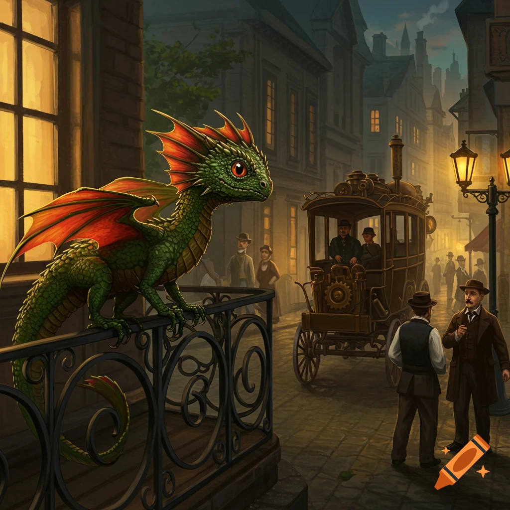 A green and red pseudodragon perches on a balcony railing, overlooking a detailed fantasy steampunk city street with men and a self-propelled wagon.