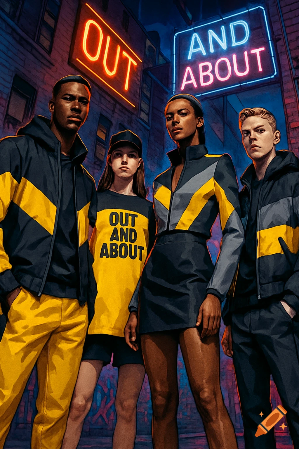 Four diverse people in black and yellow urban clothing stand under neon signs that read 'OUT AND ABOUT' in a stylized night street scene.