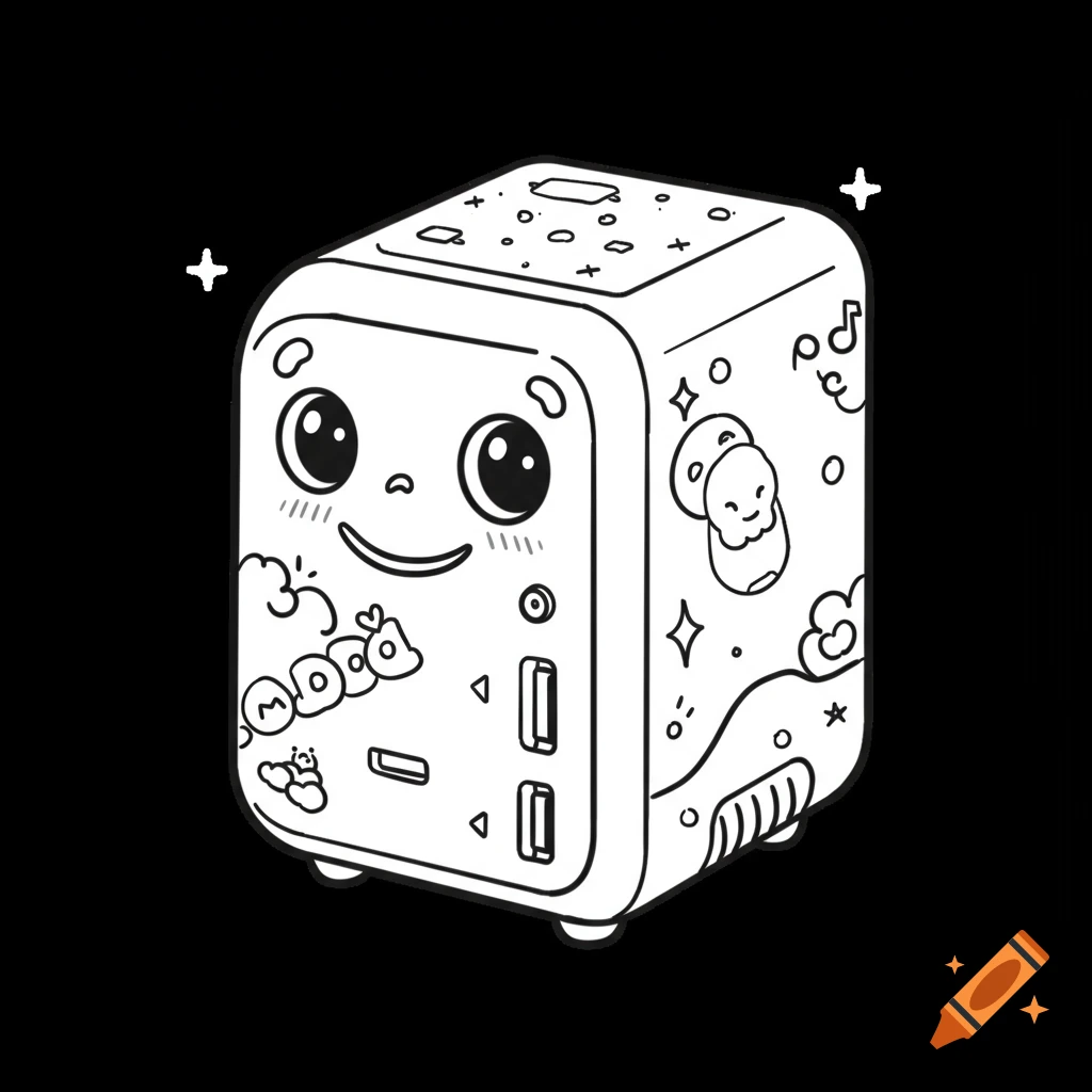 A cute line art drawing of a mini PC with a smiling face and decorative patterns on its sides, featuring illegible text on its front.