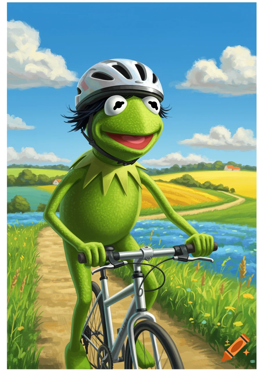 Kermit the Frog wearing a white cycling helmet with black hair rides a bike on a dirt path through a colorful field.