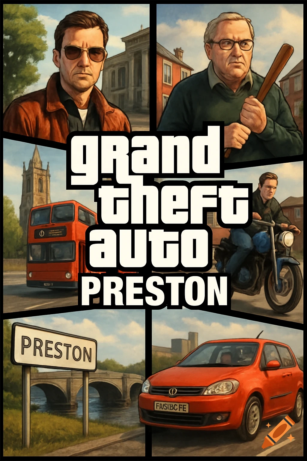 A stylized Grand Theft Auto-style collage featuring people, a red double-decker bus, a motorcycle, a red car, and British architecture including a church and a bridge, with the text "grand theft auto PRESTON" overlayed.