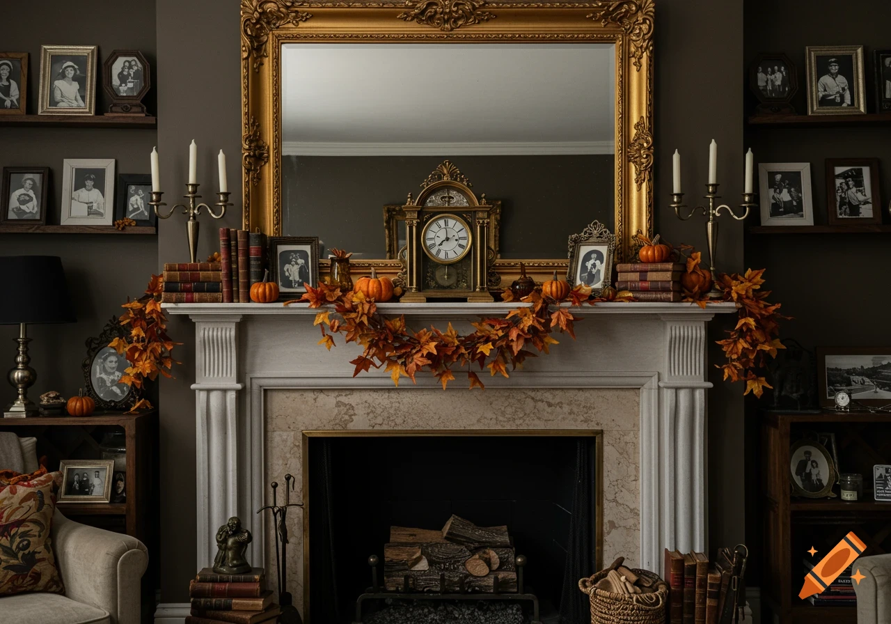 A fireplace mantel is decorated for fall in moody neutral colors with a large ornate gold mirror, antique books, candles, an Eastlake clock, and fall foliage.