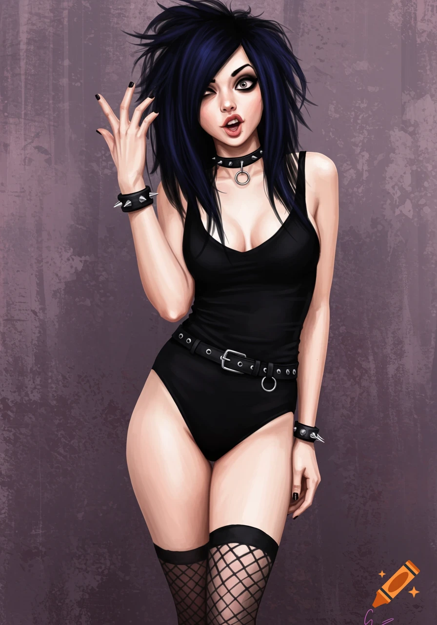 An illustrated emo woman with dark hair and heavy makeup, wearing a black swimsuit, choker, spiked bracelets, and fishnet stockings, making a sassy gesture.