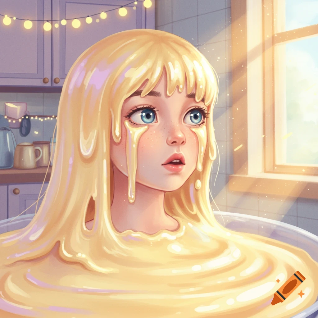 Colorful illustration of a girl with blonde hair covered in yellow pudding in a sunlit kitchen.