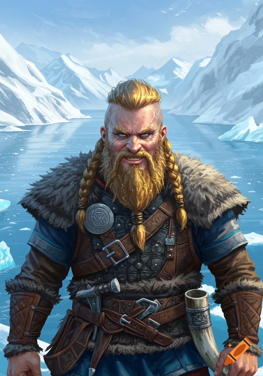 A rugged Viking warrior with a golden braided beard and fur-lined armor stands in a snowy, icy mountain landscape.