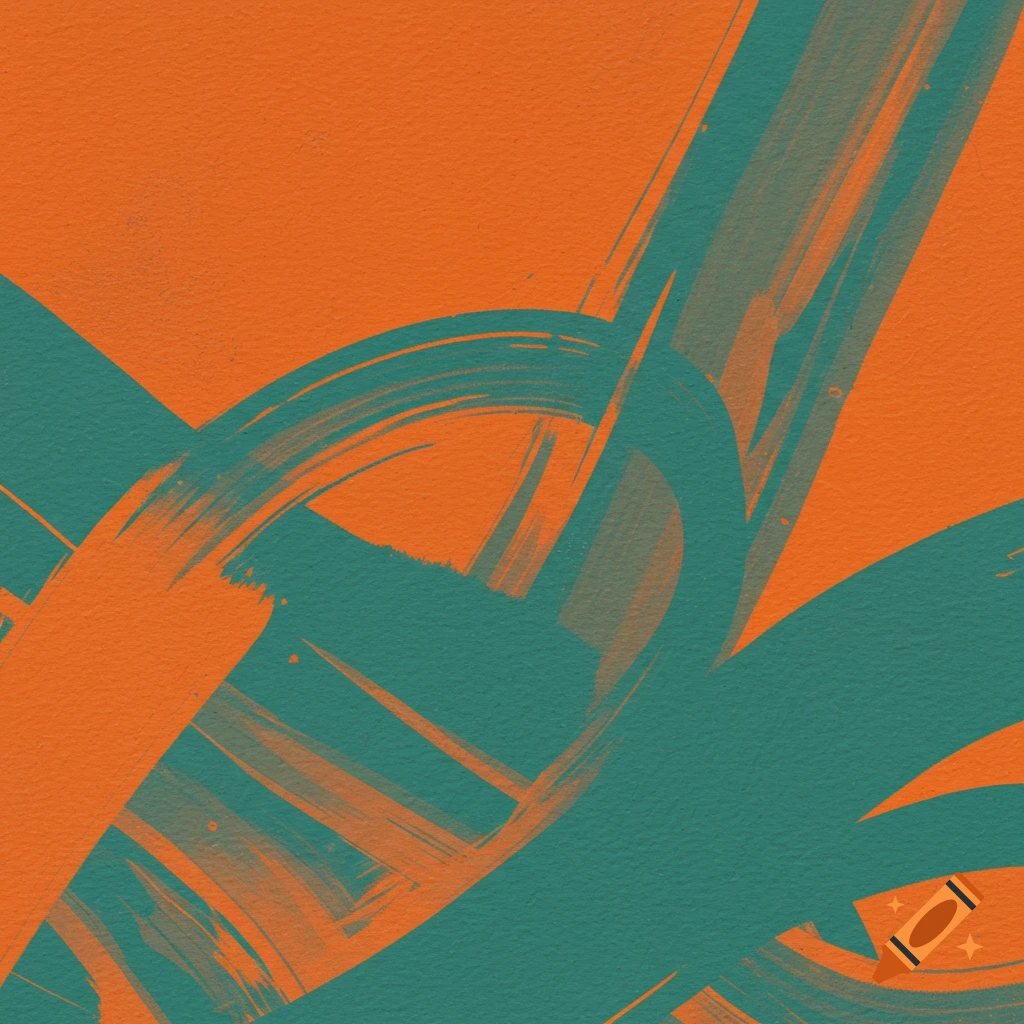 Abstract painting with bold teal and orange brushstrokes on a textured background.