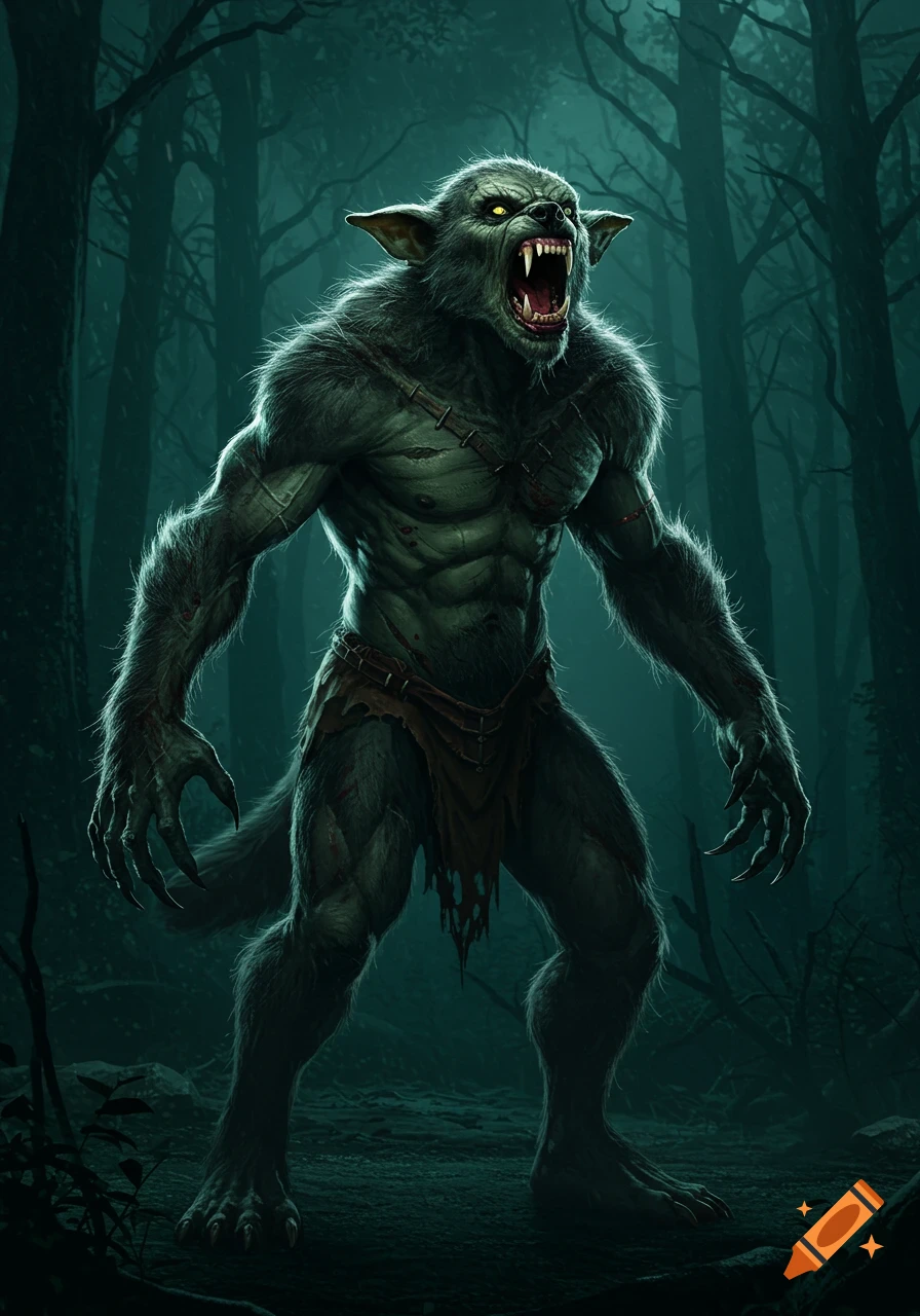 A menacing, green-skinned werewolf with glowing yellow eyes roars, standing in a dark, misty forest.