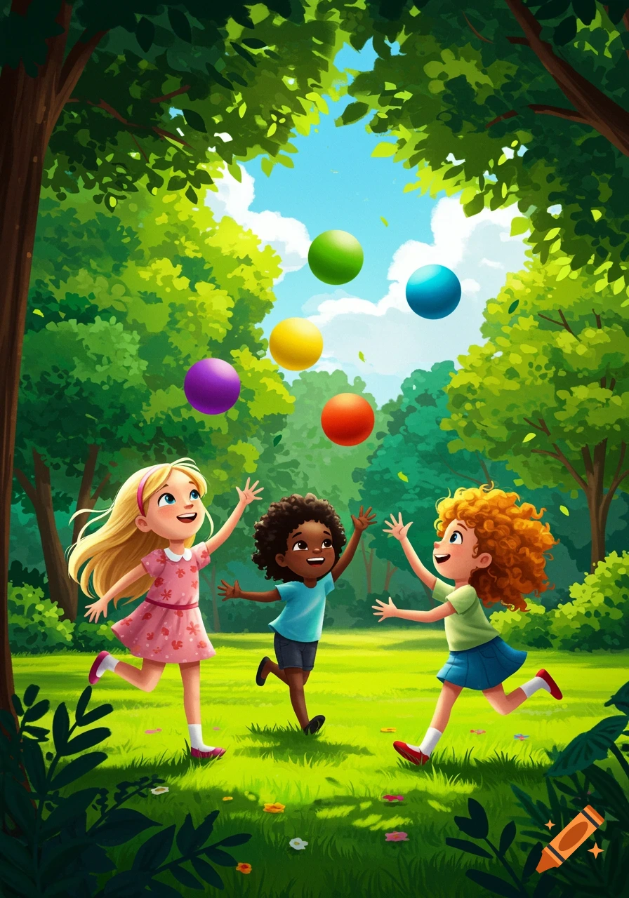 Three happy children, two girls and one boy, joyfully play with five colorful balls in a bright, green park under a blue sky, in an illustrative style.
