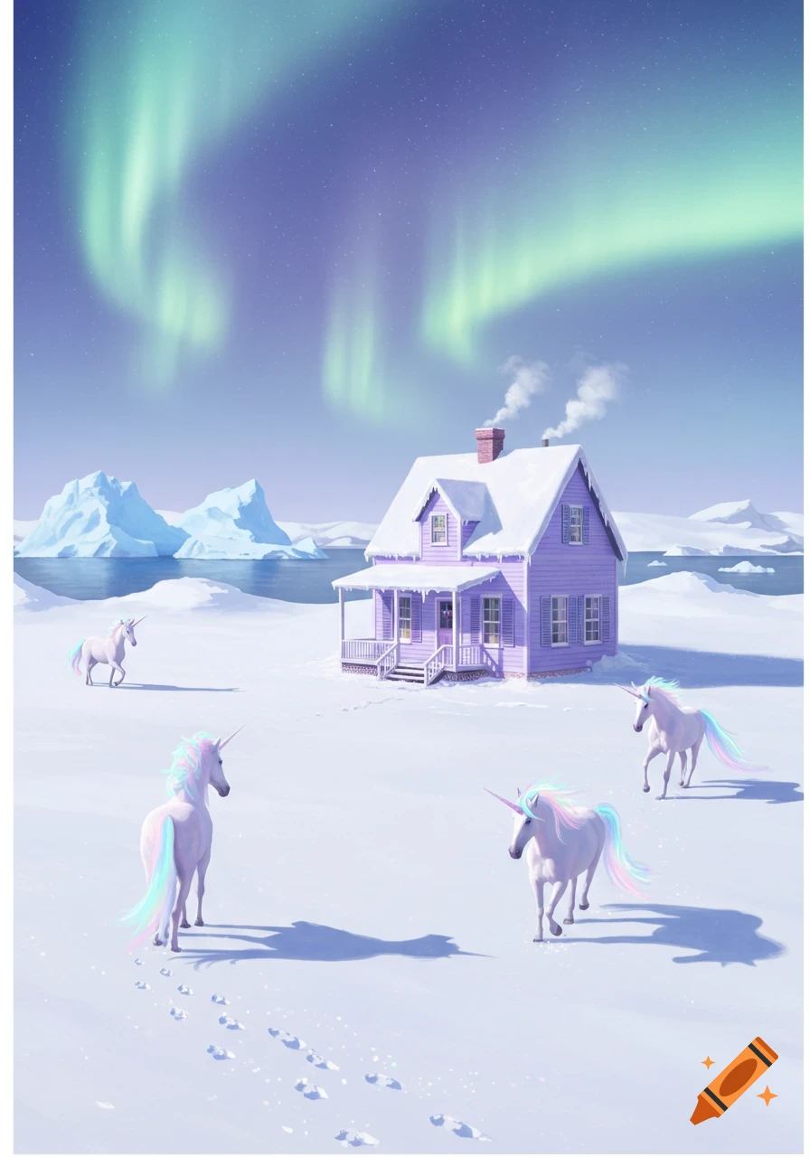 A whimsical purple house stands in a snowy Antarctic landscape under the aurora borealis, surrounded by magical unicorns.