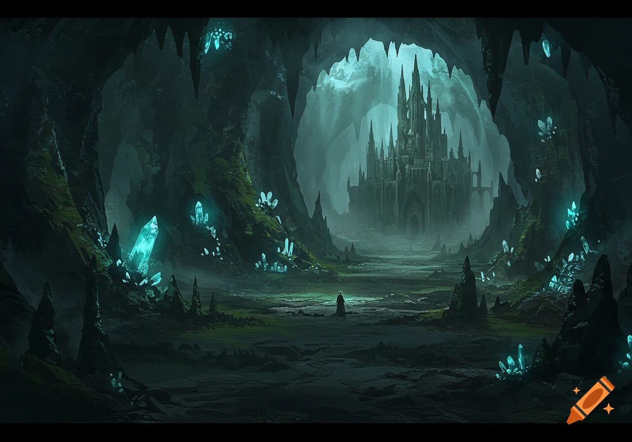 A dark fantasy art illustration of a desolate cavern with glowing blue crystals leading to a mysterious fortress in the distance.