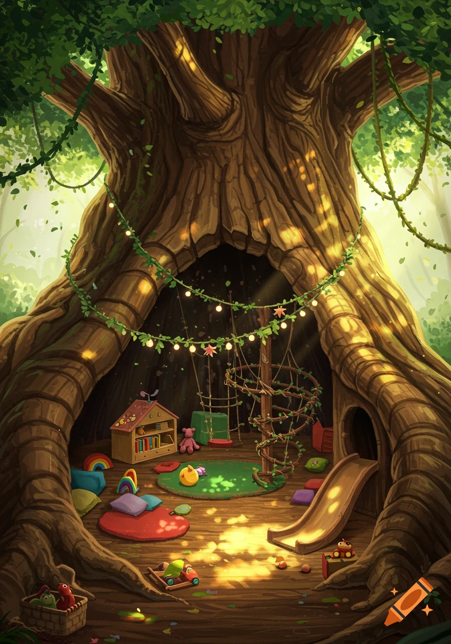 A whimsical children's play area nestled inside a giant tree trunk, filled with toys and fairy lights, in a vibrant cartoon style.