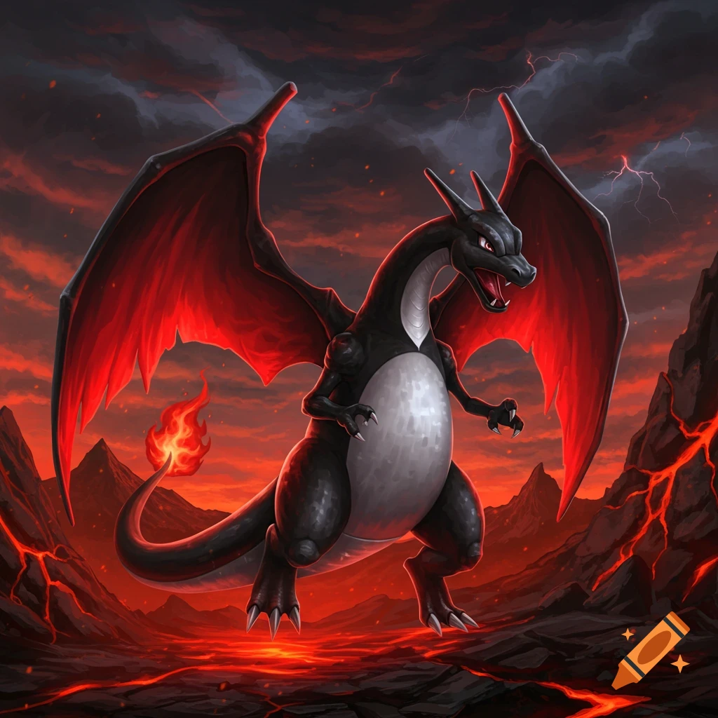 A black Charizard with red wings stands in a fiery volcanic landscape under a stormy, red and dark sky with lightning.