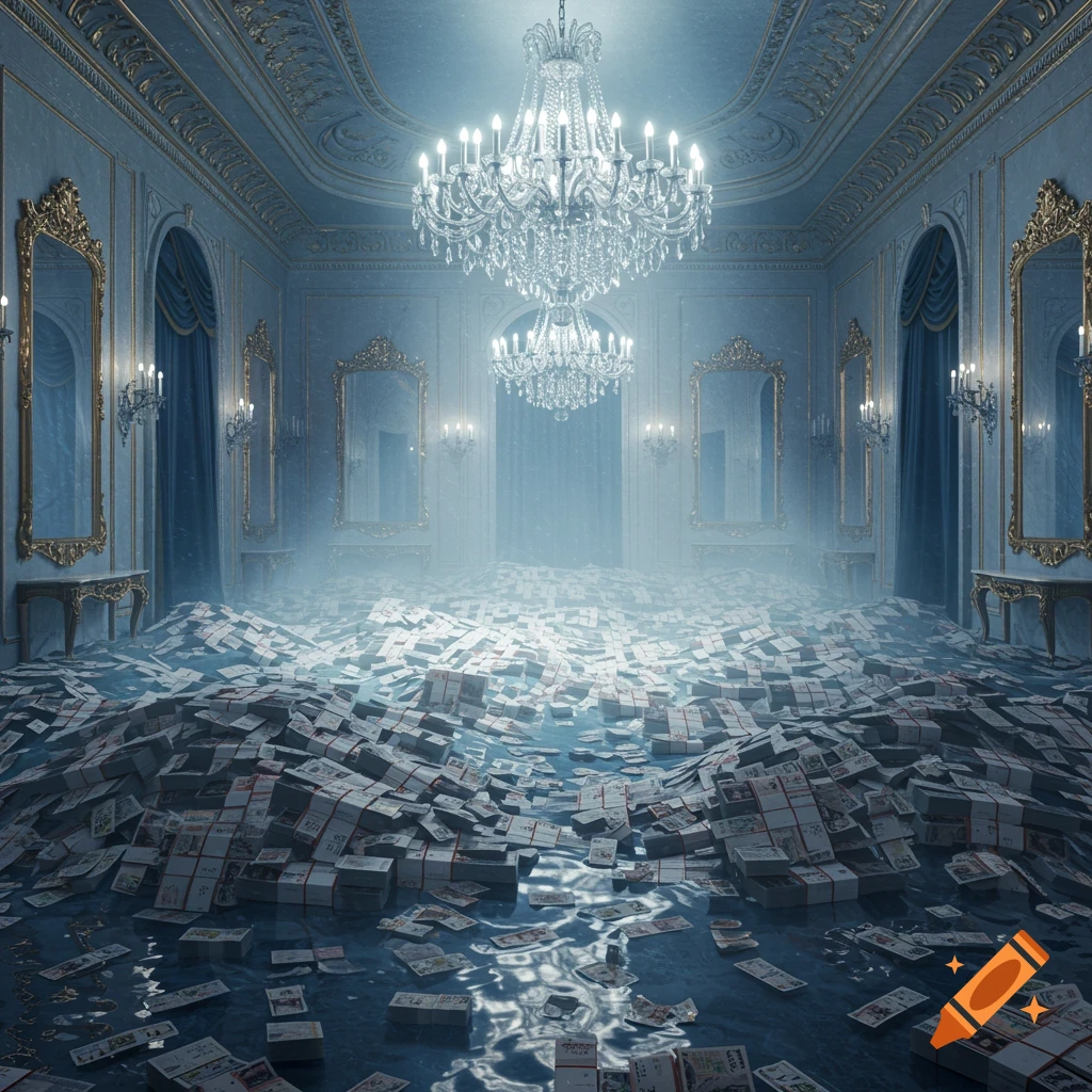A lavish, ornate room with light blue walls and gold trim, featuring multiple chandeliers and mirrors, has its floor completely submerged in water and covered with countless bundles of money.
