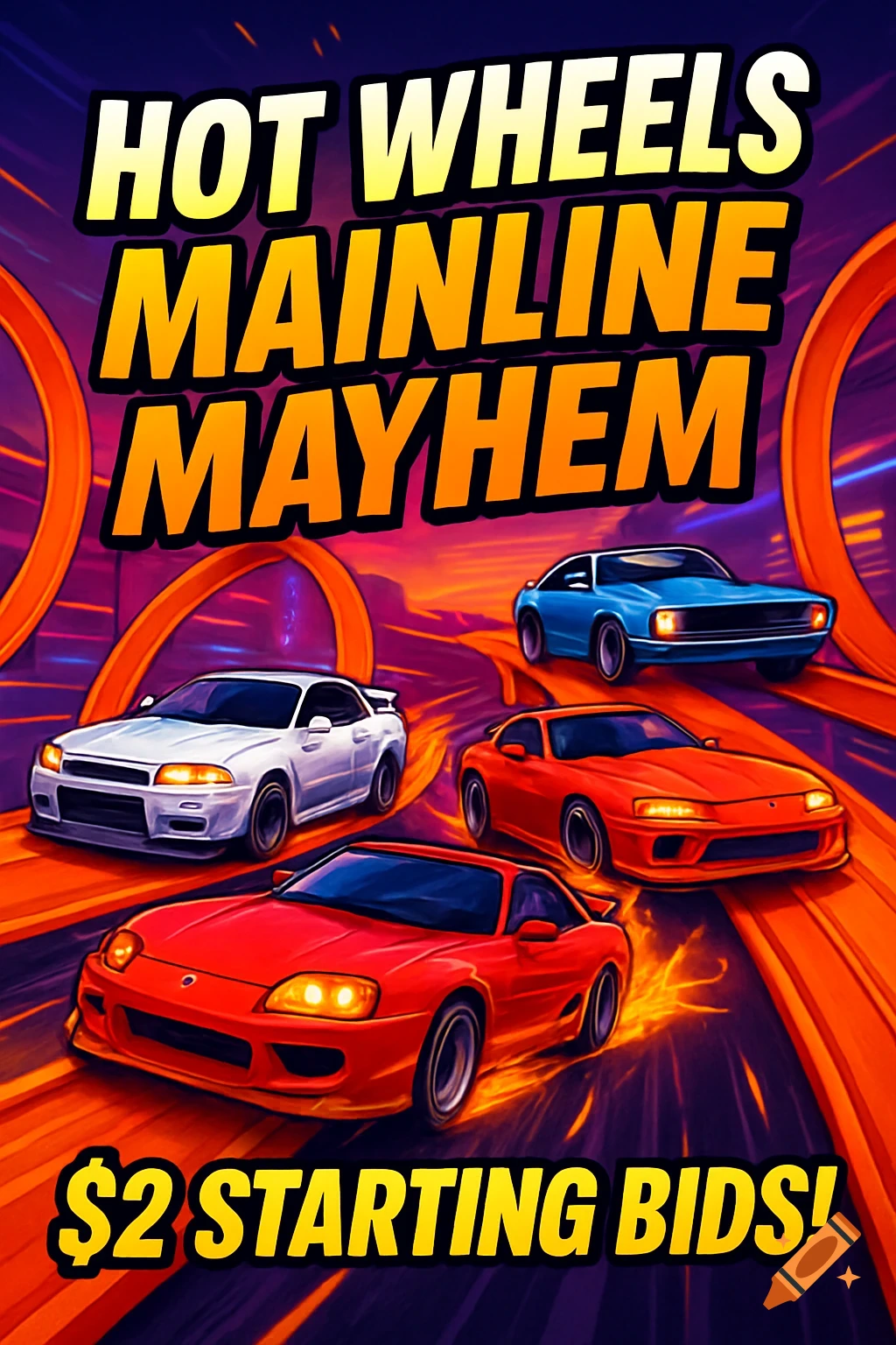 Stylized illustration of JDM and American muscle cars racing on orange Hot Wheels loop tracks, with text 'Hot Wheels Mainline Mayhem - $2 Starting Bids!'