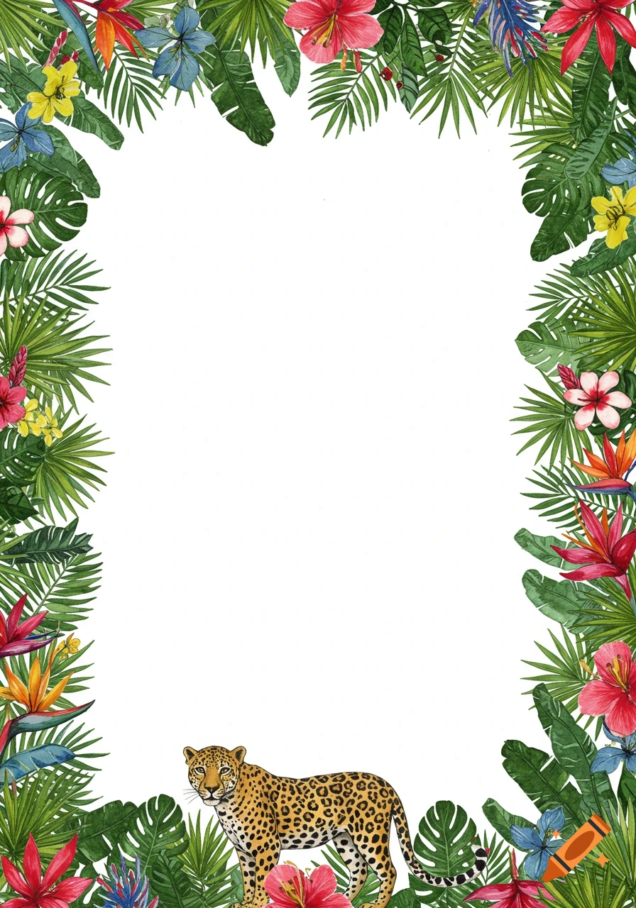 Watercolor border with tropical leaves, vibrant flowers, and a leopard at the bottom.