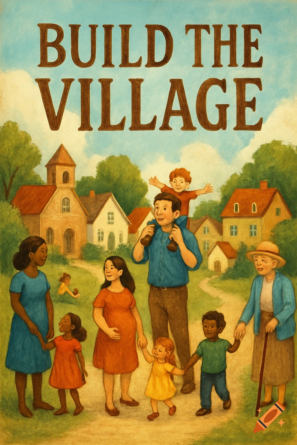 A colorful illustration shows diverse families and children in a village, with houses and trees. 'BUILD THE VILLAGE' is written at the top.