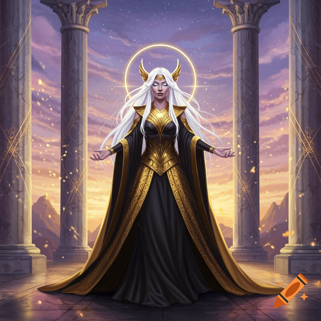 A white-haired Asgard goddess in a gold and black dress stands between columns under a starry sky.