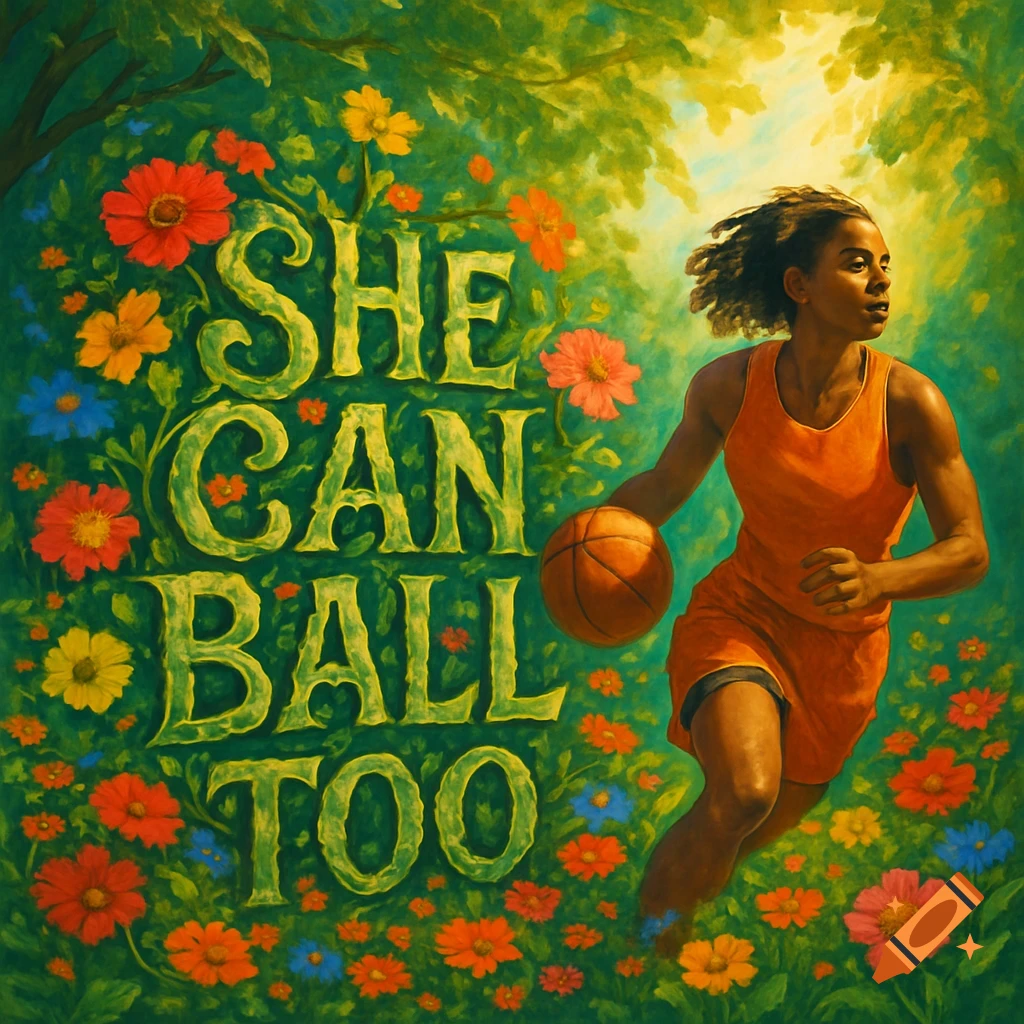 A painterly image of a female basketball player running through a vibrant garden with colorful flowers and the text 'SHE CAN BALL TOO' integrated into the greenery.