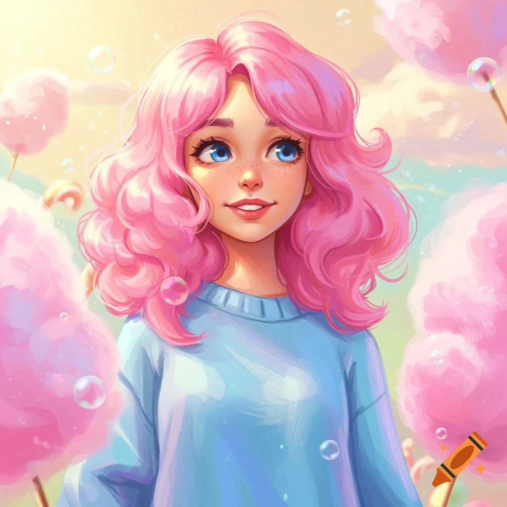 Smiling girl with pink curly hair looking up, surrounded by pink cotton candy and bubbles in a dreamy illustration.