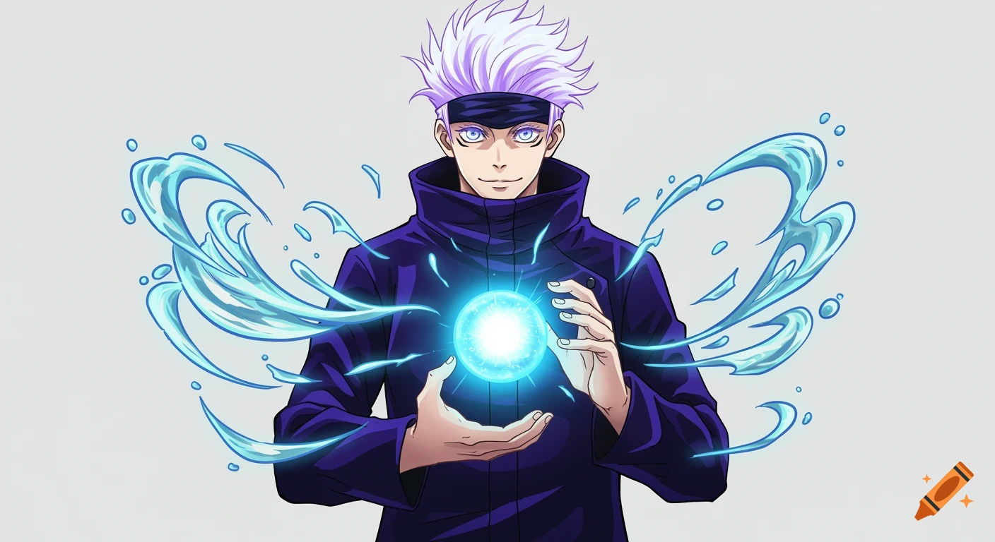 Satoru Gojo, an anime character with white hair and a dark coat, holds a glowing blue orb radiating energy.