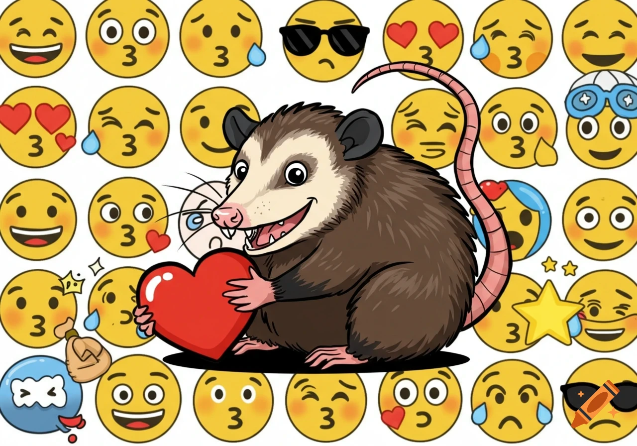 A happy, cartoon opossum holding a red heart, surrounded by a pattern of various yellow emojis on a white background.