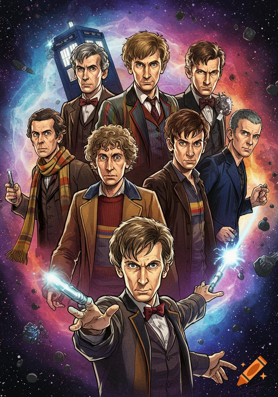 A colorful comic book illustration of multiple Doctor Who characters standing together against a vibrant cosmic background.