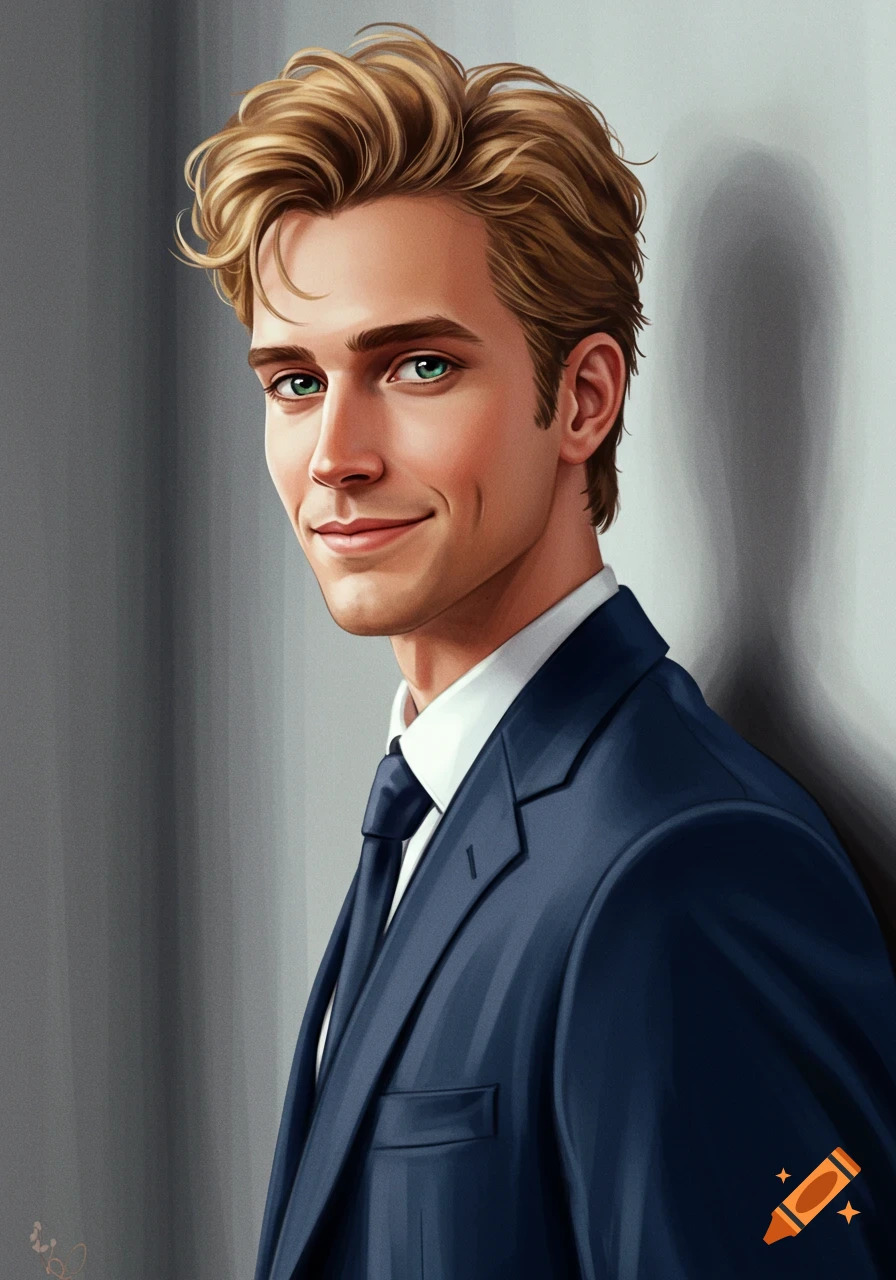 A digital art portrait of a smiling blond man with green eyes wearing a blue suit and tie, leaning against a gray wall.