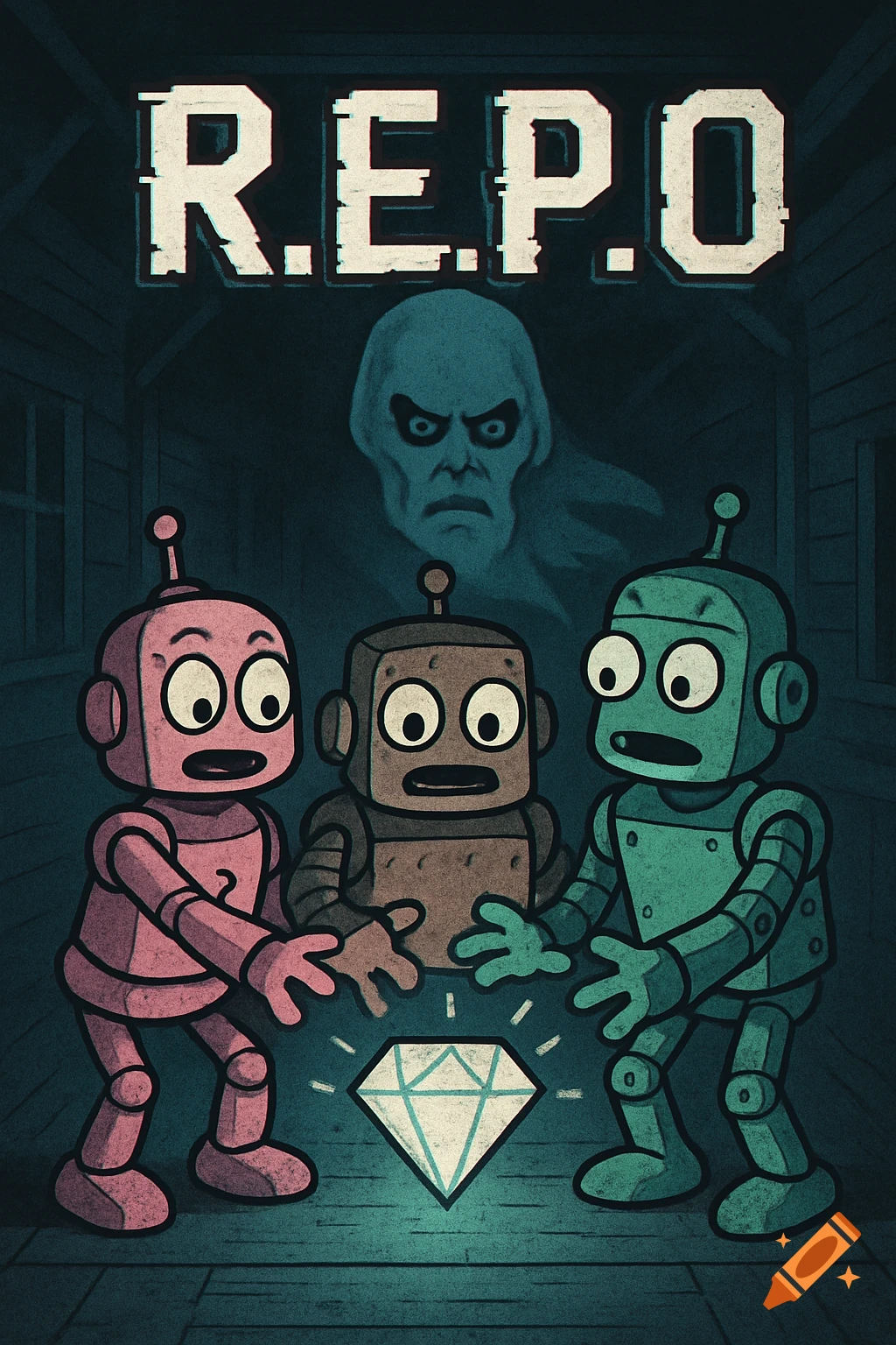 Cartoon-style image of three robots reaching for a glowing diamond, with a ghostly figure and 'R.E.P.O' text above, in a dark, spooky house.