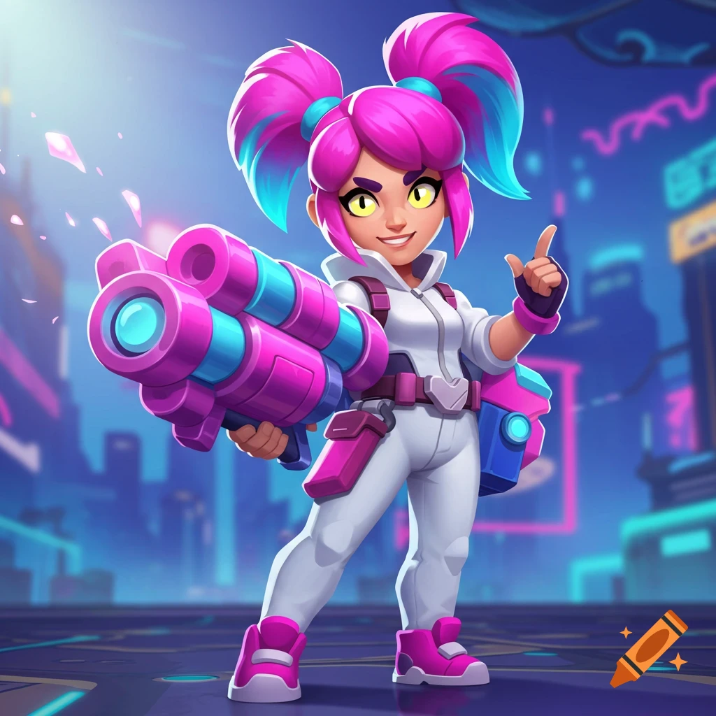 A stylized female video game character with pink pigtails and yellow eyes, holding a large futuristic gun in a neon city.