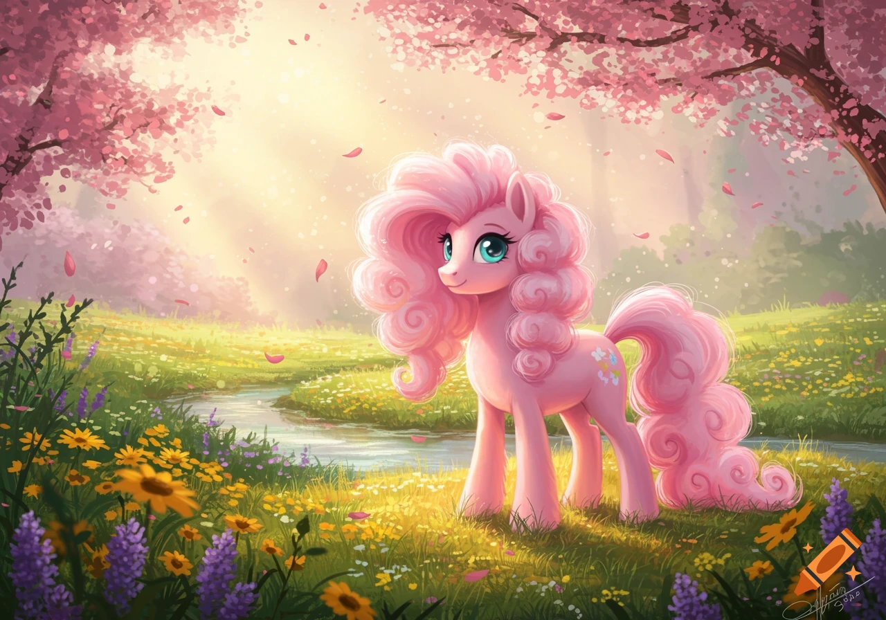 A pink My Little Pony character stands in a sunny, flower-filled meadow with cherry blossom trees and a stream.