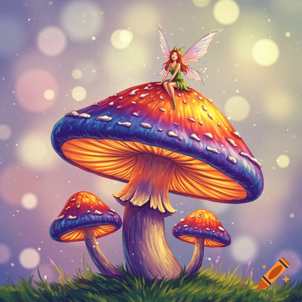 A vibrant, whimsical image of a tiny fairy with red hair and green dress sitting on a large, colorful mushroom with smaller mushrooms around it.