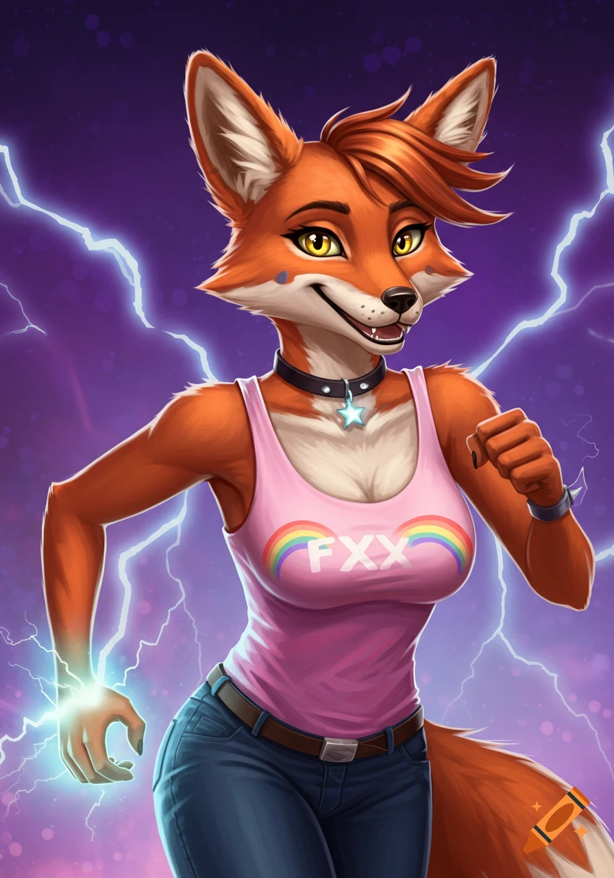 A female humanoid fox with orange fur, a pink rainbow tank top, and blue jeans, running with lightning emanating from her hand.