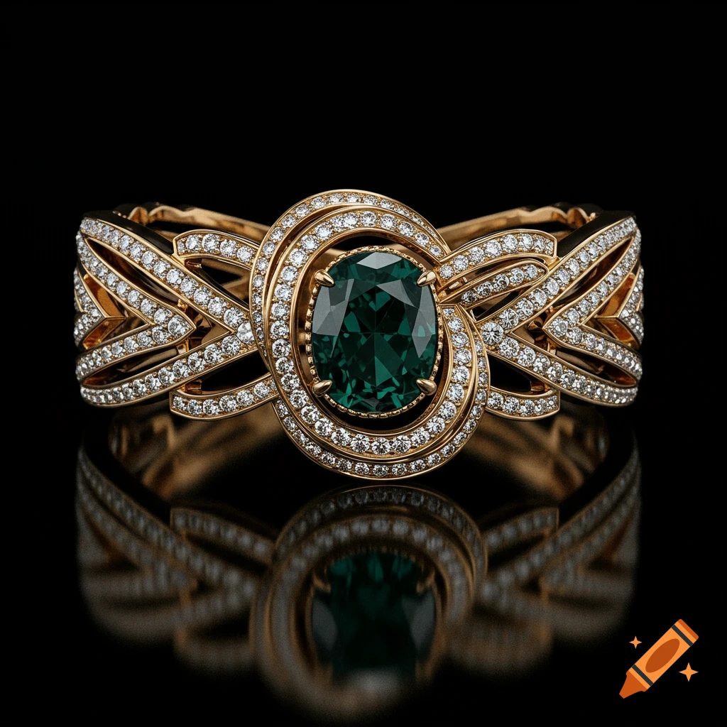 Photorealistic gold bracelet with oval green gemstone and white diamonds on a black background.